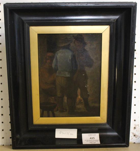 Oil on board, 3 figures by fire, ebonised frame